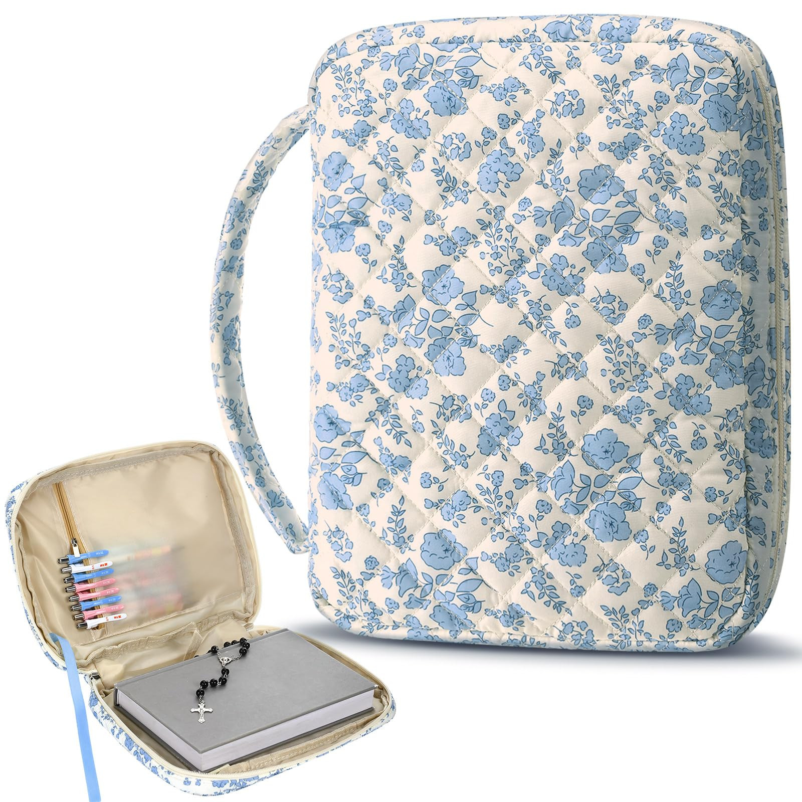 Aliceset 10.2"x7.9"x2.1" Large Bible Cover Case for Women Blue Floral Quilted Cotton Bible Carryi... | Amazon (US)