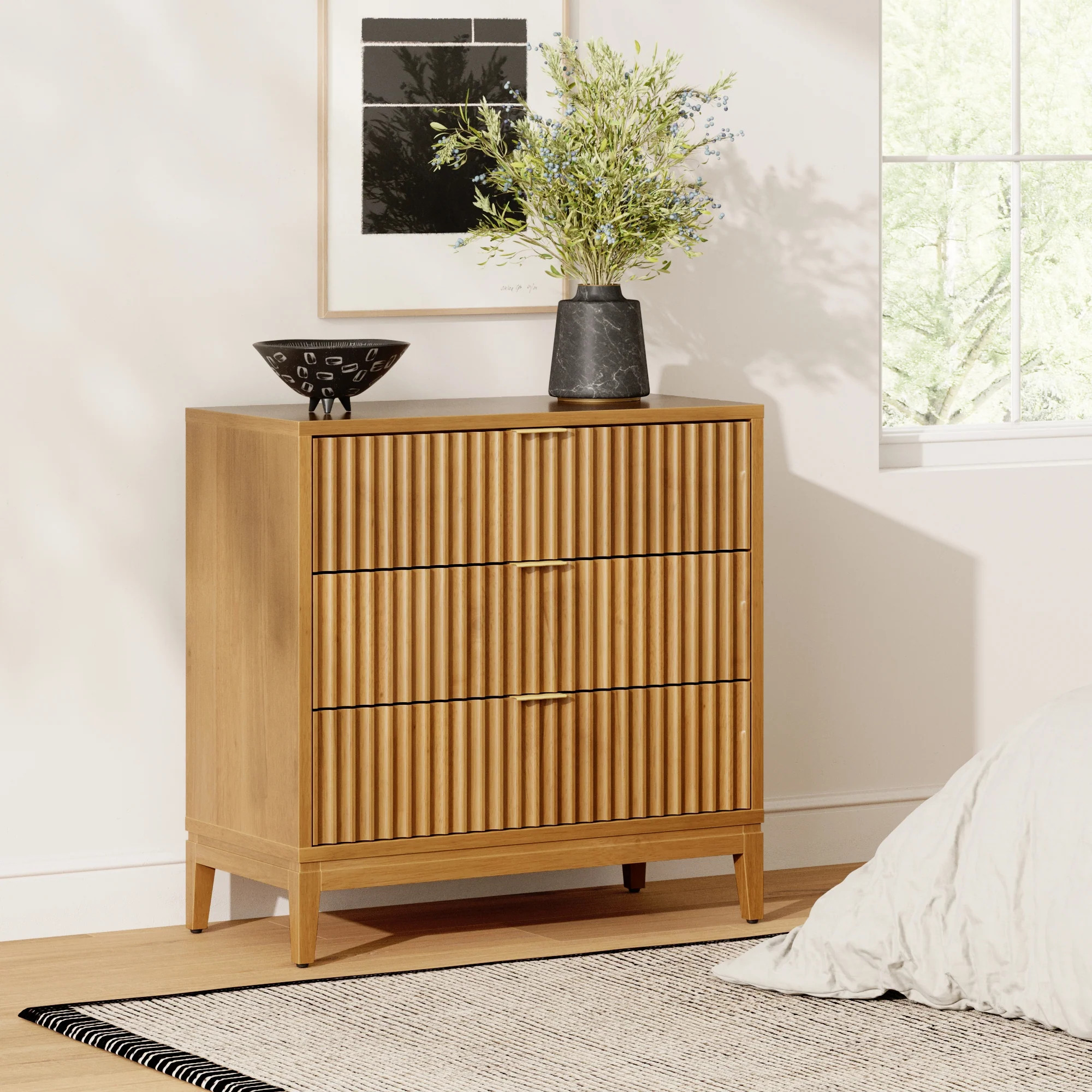 Mid-Century Fluted 3-Drawer Dresser Warm Pine | Nathan James