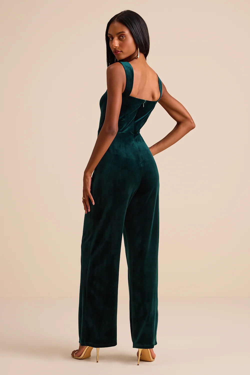 Sayana Emerald Velvet Sleeveless Straight Leg Jumpsuit | Lulus