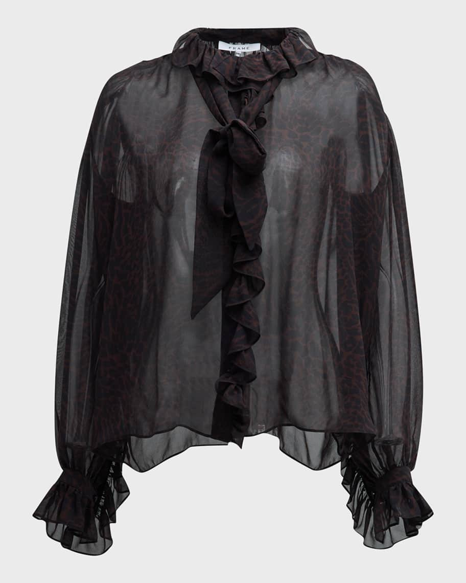 FRAME Animal Print Silk Ruffle-Front Blouse | Neiman Marcus