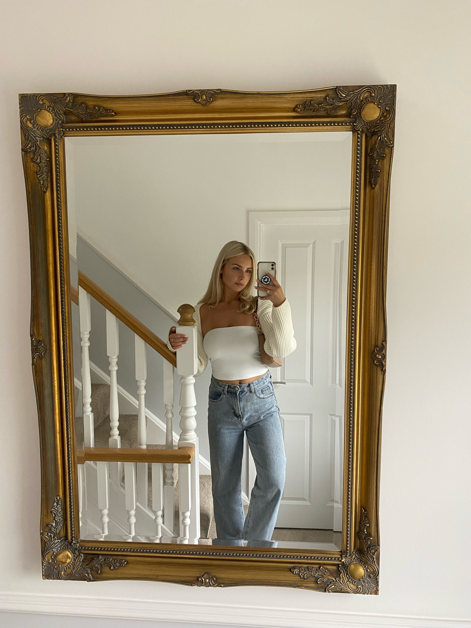 Styling neutrals with denim 🍦☁️🐬 White tube top with cream bolero and high waist straight leg denim jeans. Abbott Lyon initial necklace in Gold, gold rings from &otherstories and H&M and brown handbag with gold chain for accessories ✨ 

#LTKeurope #LTKFind #LTKstyletip
