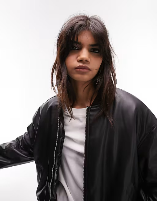 Topshop faux leather cropped bomber jacket in black | ASOS (Global)
