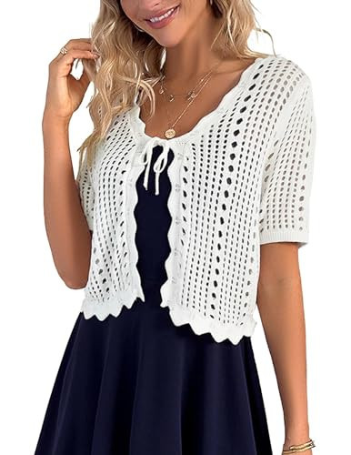 Kate Kasin Women White Shrug for Dress Knitted Crochet Shrug Sweater Short Sleeve Cropped Cardigan Summer S | Amazon (US)