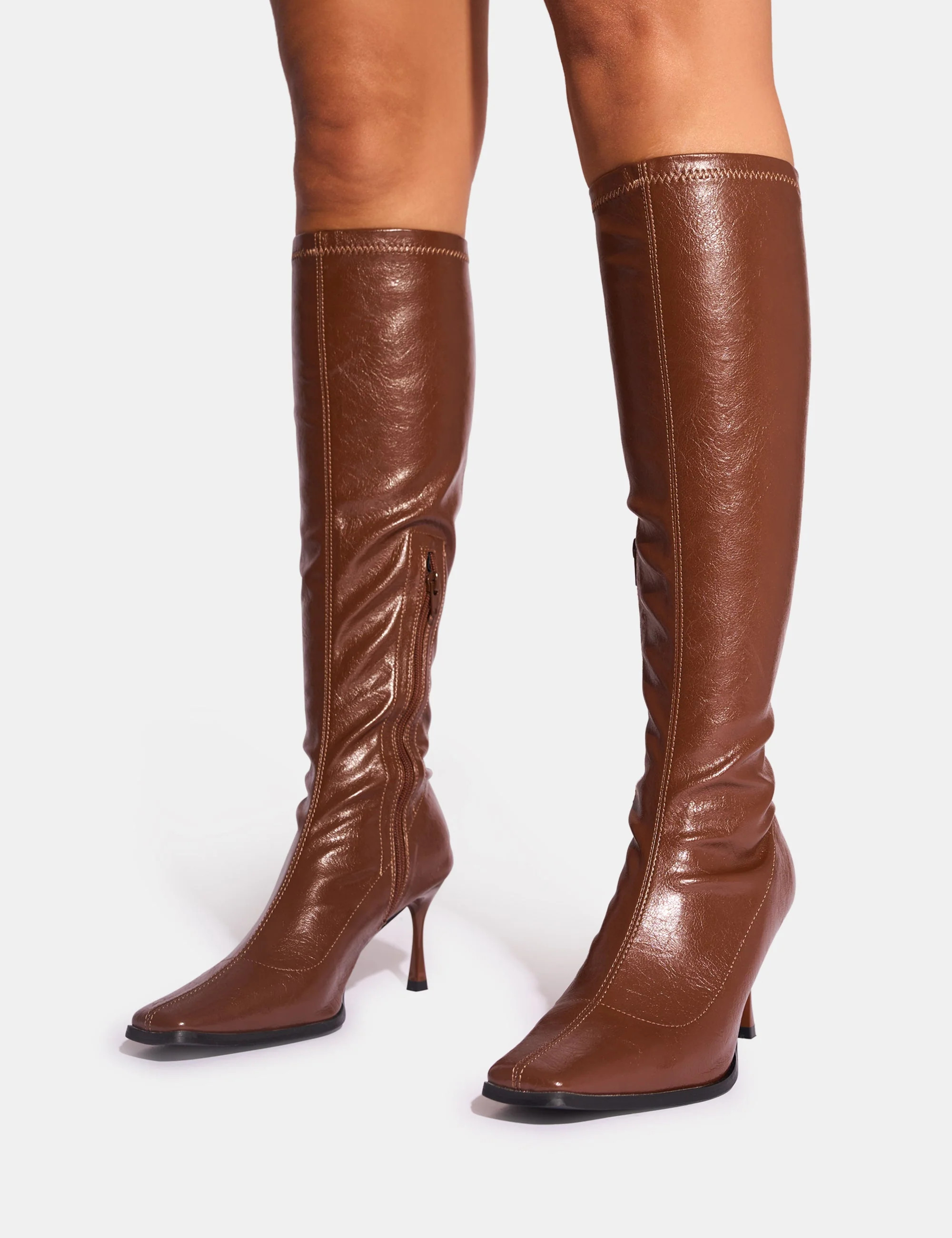 Scorpion Chocolate Mid Heel Sock Knee High Boots | Public Desire (US & CA)