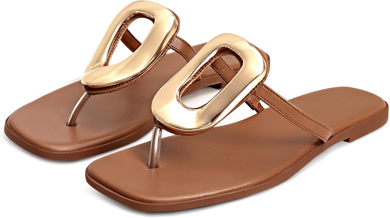 Wnshonzy Flip-Flops for Women Thong Sandals Flat Slip on Slides Beach Comfort Open Square Toe Lad... | Amazon (US)