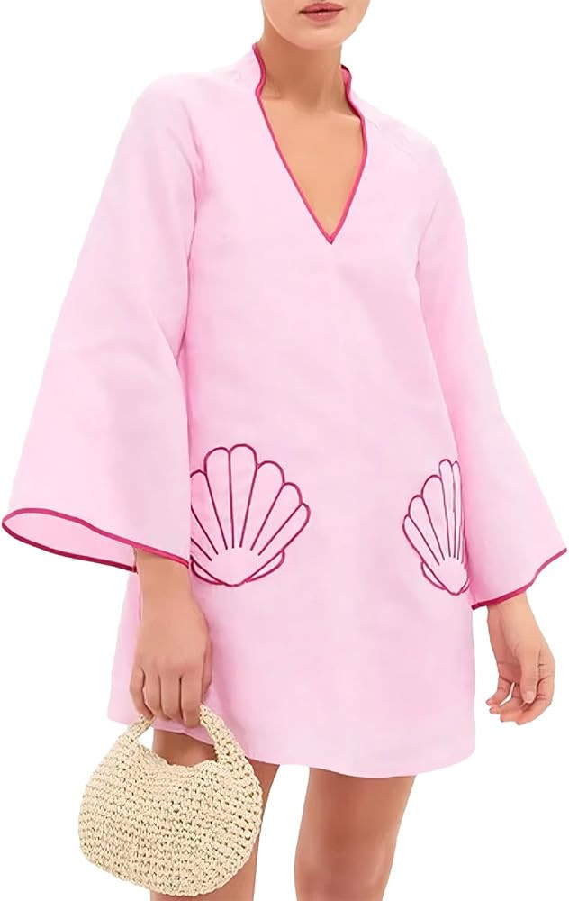 Women Shell Embroidery Beach Cover Up Mini Dress V Neck 3/4 Bell Sleeves Loose Fit Babydoll Skirt... | Amazon (US)