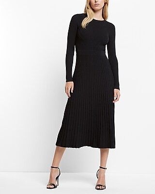 Long Sleeve Pleated Ribbed Midi Sweater Dress | Express