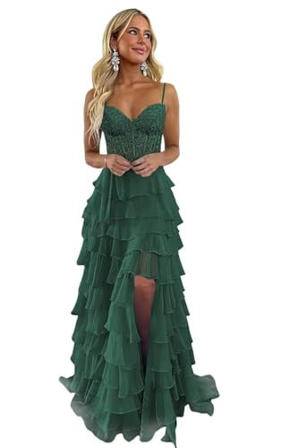 REIOKJT Lace Tiered Prom Dress Sweetheart Homecoming Dress with Slit Ruffle Chiffon Prom Dresses Dark Green US4 | Amazon (US)