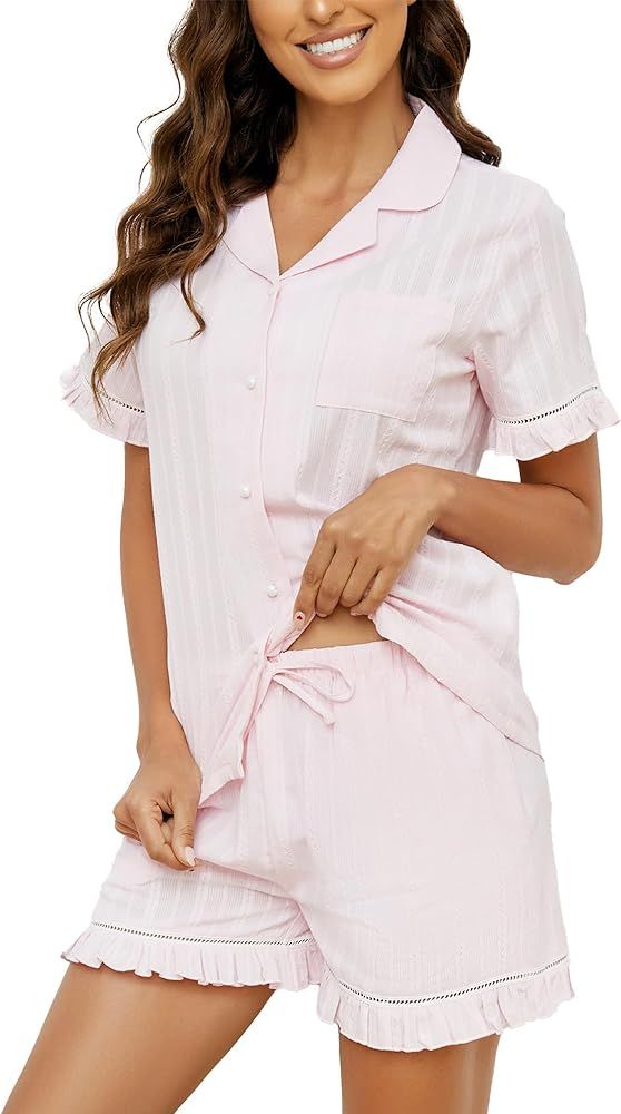 Women 100% Cotton Short Pajama Set, Cute Button Down Summer Pjs | Amazon (US)