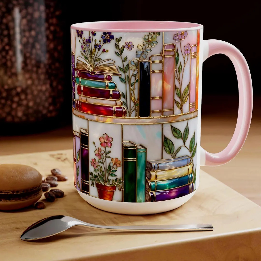 Stained-Glass Style Floral Bookshelf Mug, Book Lover Gift, Bookish Mug, Library Cup 15oz | Etsy (Global)