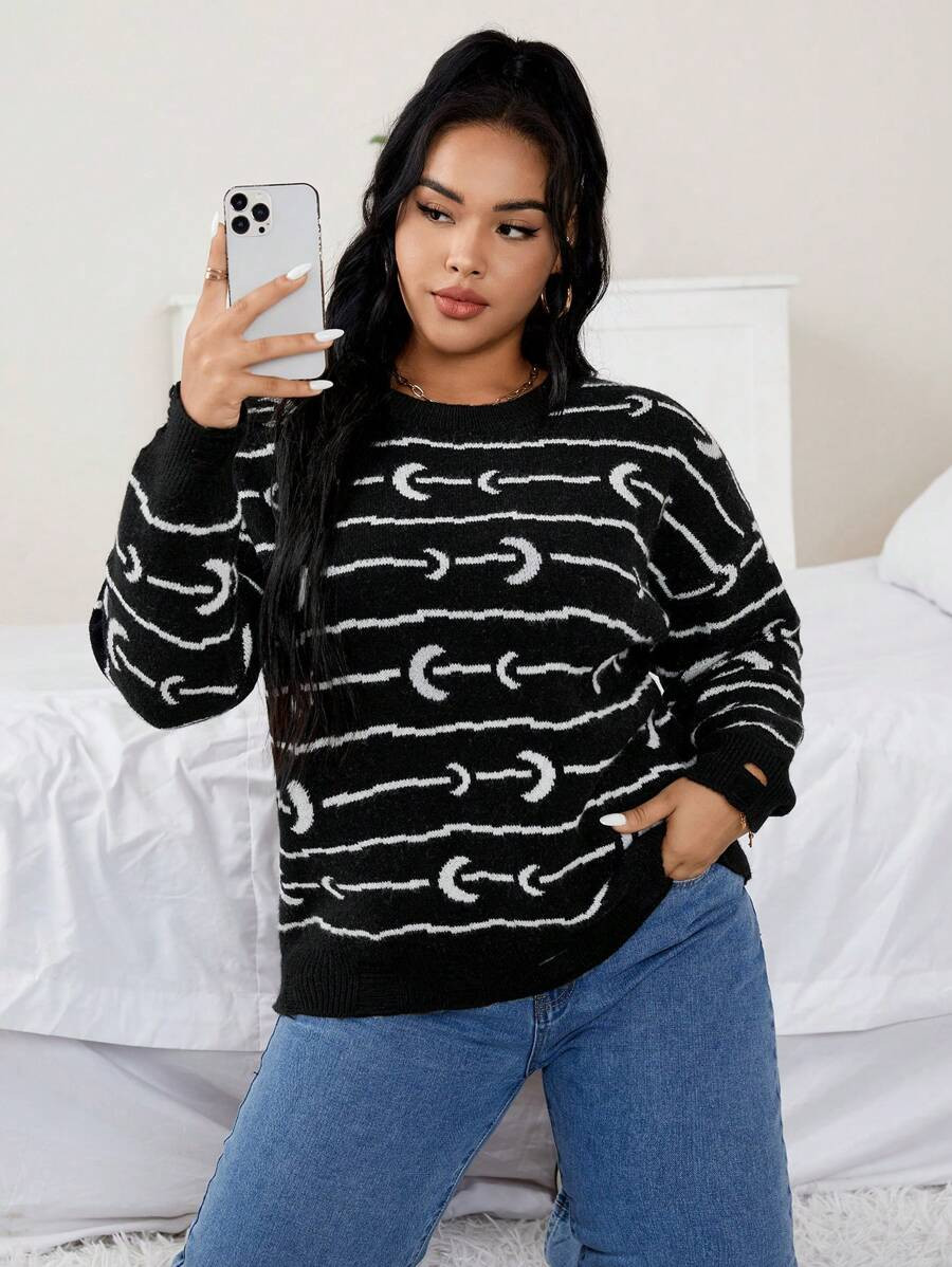 SHEIN Privé Plus Moon Pattern Drop Shoulder Sweater | SHEIN