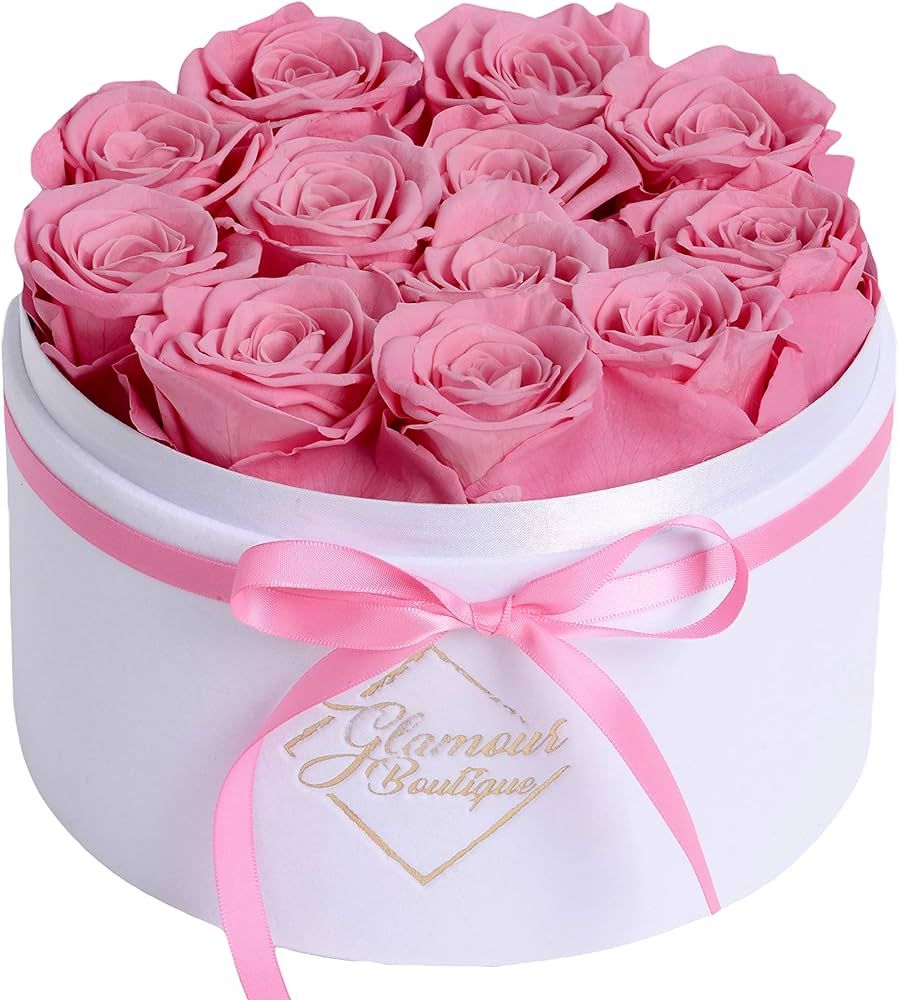 GLAMOUR BOUTIQUE Forever Flower Gift Box: 12 Real Preserved Roses in Round Velvet White Box, Hand... | Amazon (US)