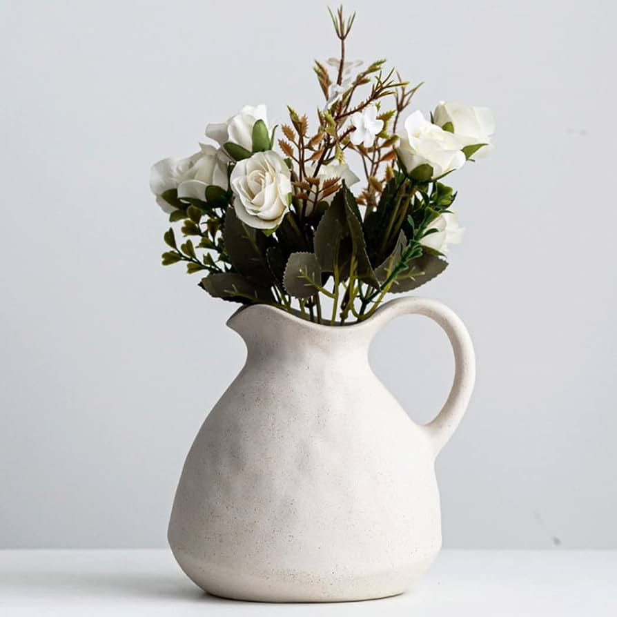 White Ceramic Vase with Handle,Ceramic Pitcher Vase for Flowers,Farmhouse Vase for Table Centerpi... | Amazon (US)