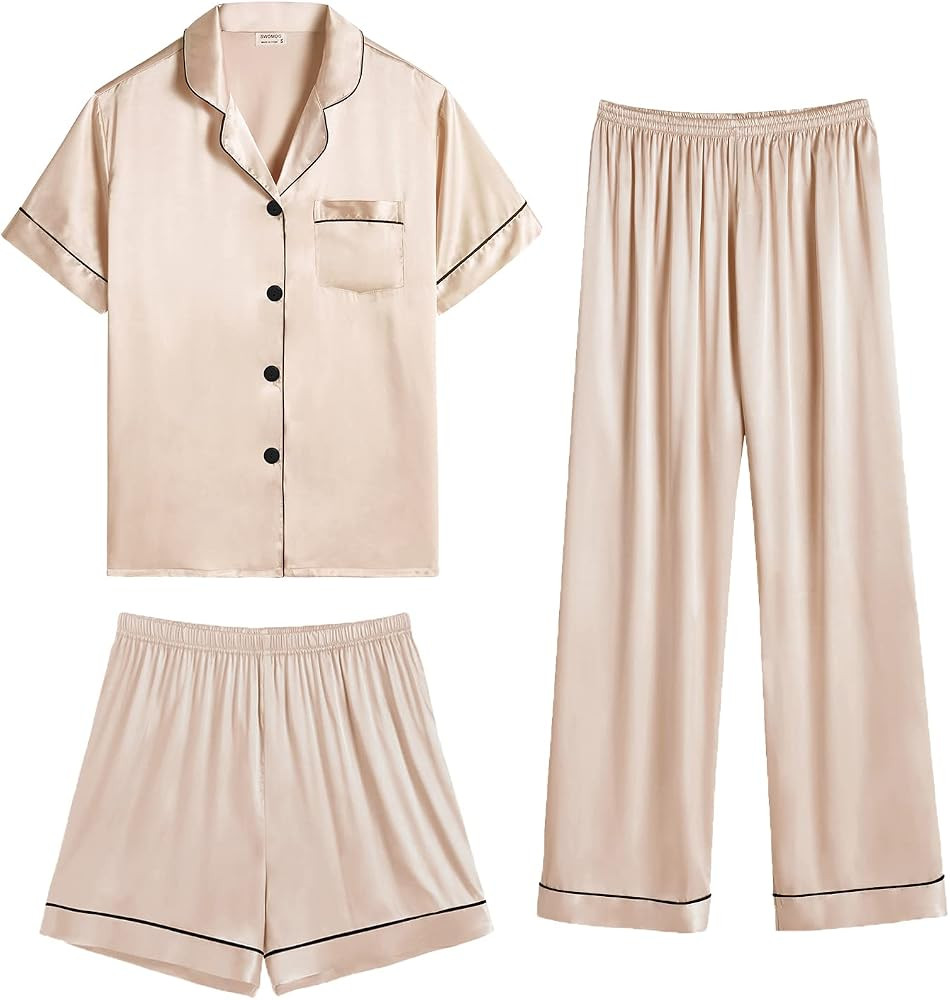 SWOMOG Womens Silk Satin Pajama Sets 3Pcs Button Down Pj Set Short Sleeve Sleepwear Loungewear Pj... | Amazon (US)