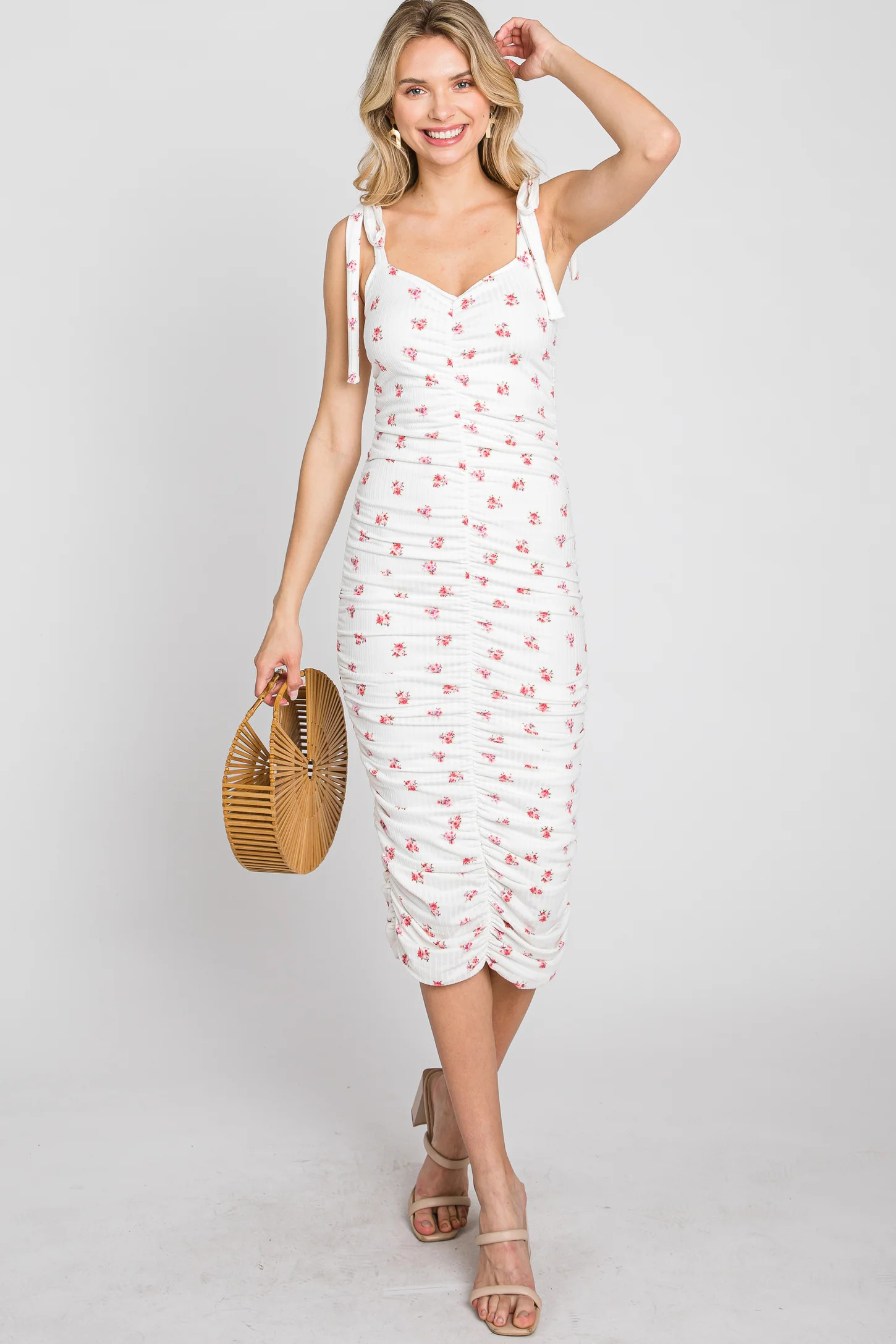 Ivory Floral Sleeveless Ruched Midi Dress | PinkBlush Maternity