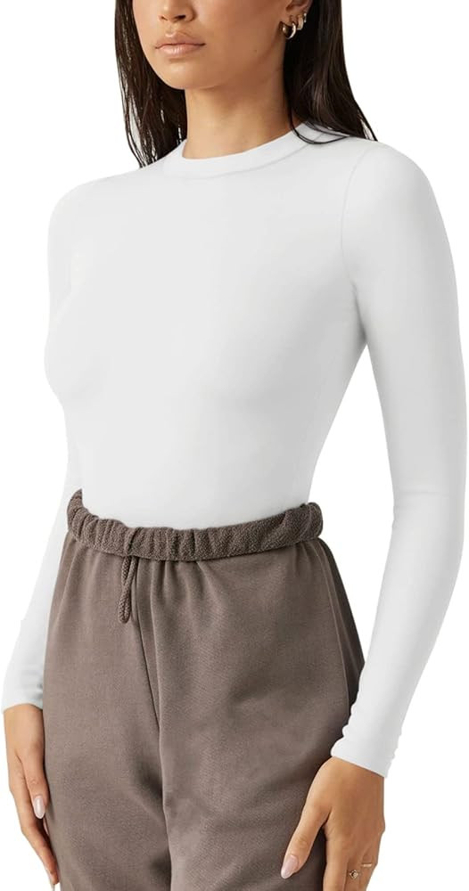 REORIA Women's Fashion Crew Neck Double Lined Long Sleeve T Shirts Bodysuits Tops Jumpsuit | Amazon (US)