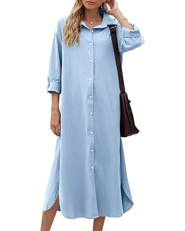 Sopliagon Women Cotton and Linen Shirt Dress Casual Loose Maxi Dresses | Amazon (US)