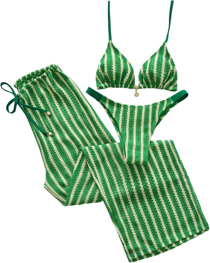 Milumia Women's 3 Piece Crochet Swimsuits Striped Halter Triangle Bikini Set with Cover Up Pants | Amazon (US)