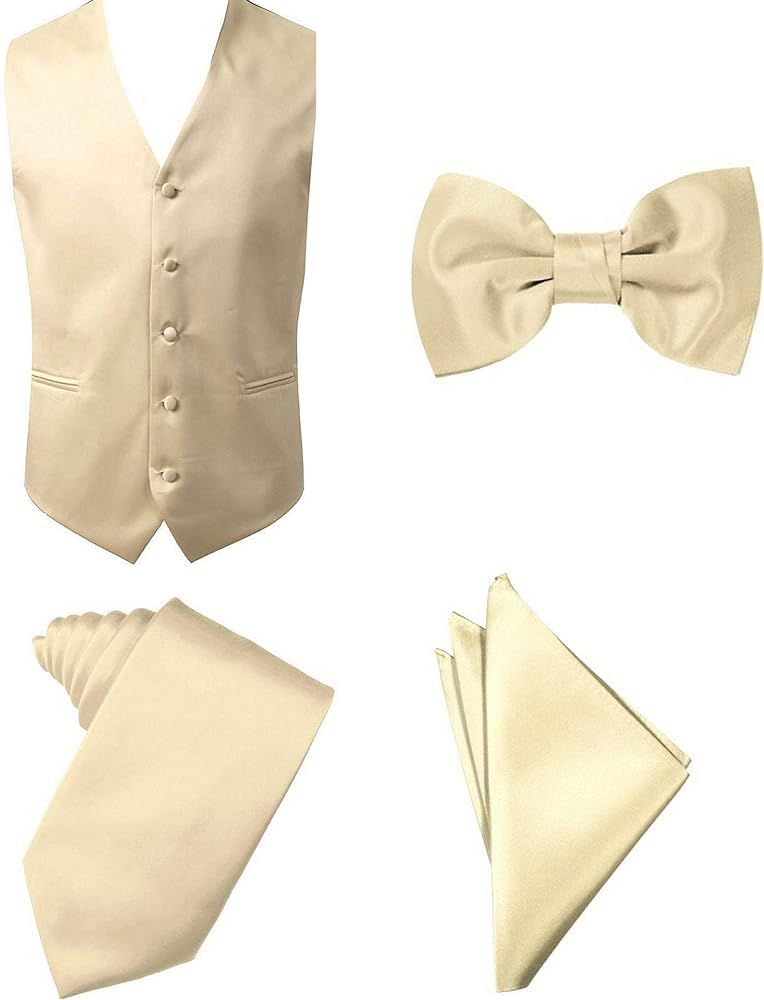 4pc Men's Solid Formal Waistcoat Tuxedo Dress Vest Necktie BowTie Handkerchief Set For Suit or Tu... | Amazon (US)