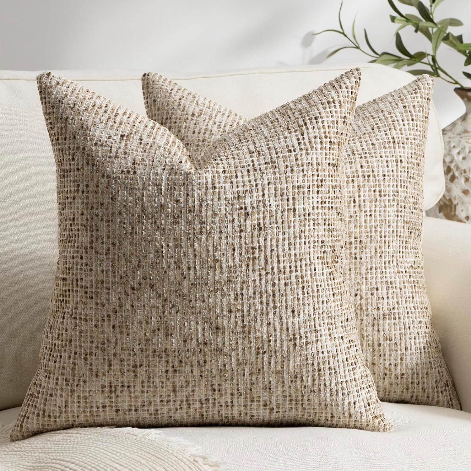 Pack of 2 Neutral Throw Pillow Covers 18x18 Boho Textured Dots Stripe Chenille Square Decorative Pillow Cases Accents for Living Room Couch Bed Farmhouse Home Decor, Taupe | Amazon (US)