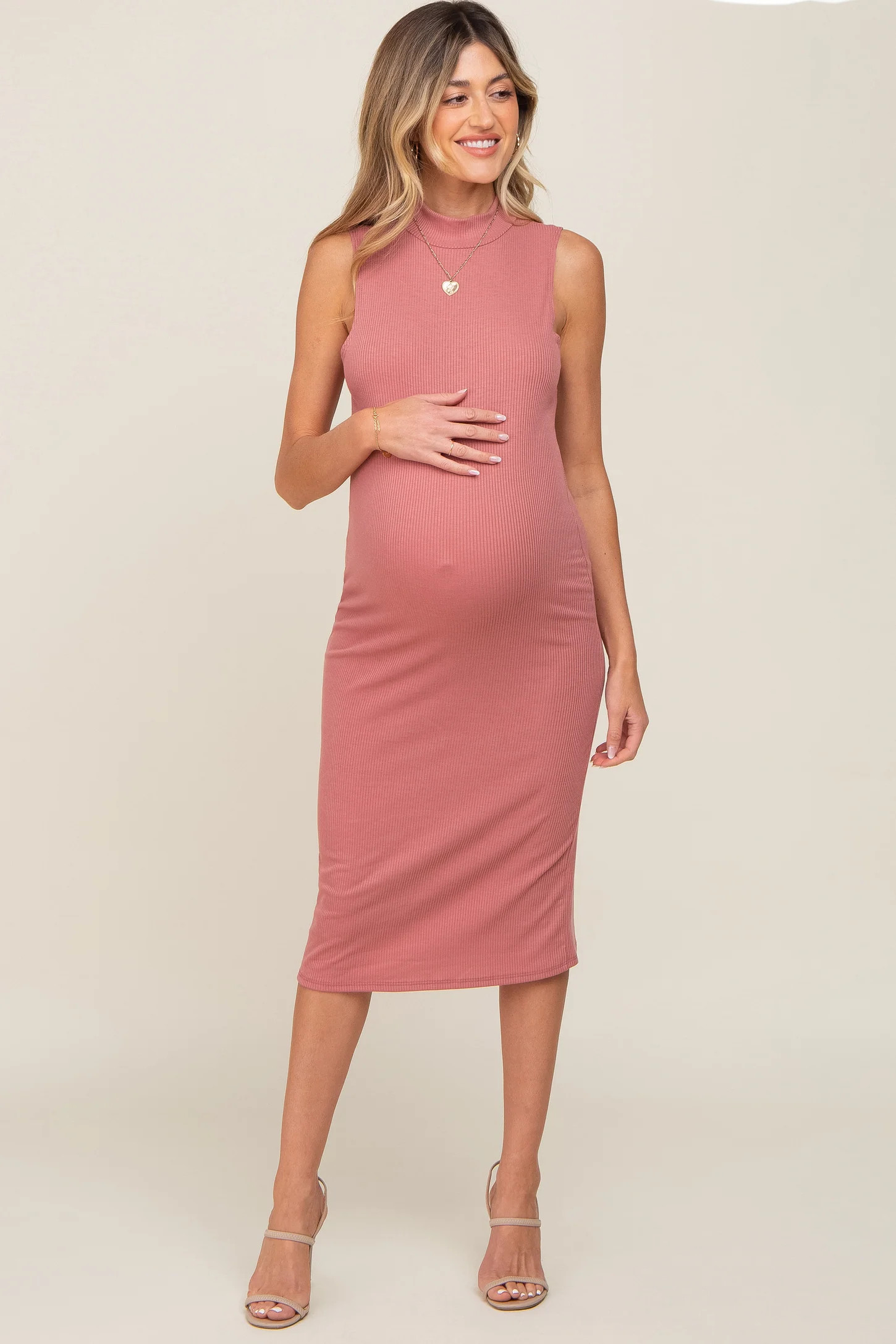 Mauve Ribbed Sleeveless Mock Neck Maternity Midi Dress | PinkBlush Maternity