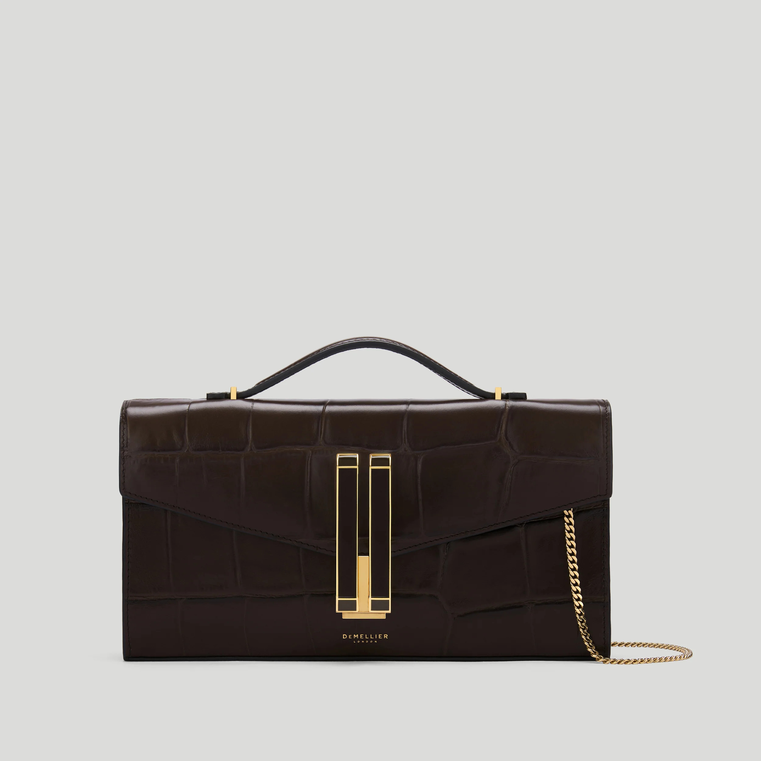 DeMellier The Vancouver Clutch in Dark Chocolate Large Croc-Effect Leather Clutch | DeMellier