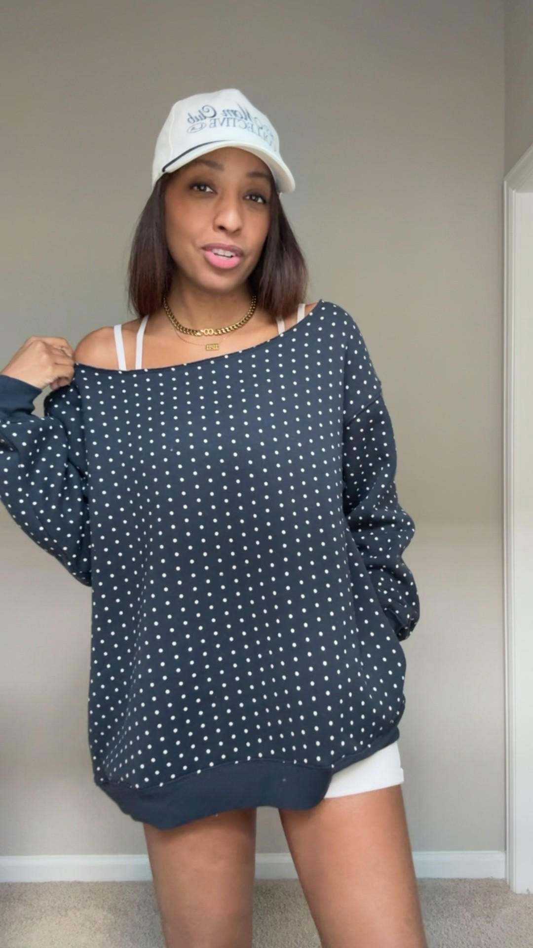 Oversized off the shoulder navy polka dot?!?! Yes! I’m wearing a medium here but need to size down. 

#LTKootd #LTKdayinmylife #LTKOver40