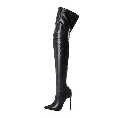 YING LAN Over the Knee High Boots for Women Sexy Zipper Pointed Toe High Heel Faux Leather Surgical Stretch Riding Thigh High Boots Black Size 4.5 | Amazon (US)