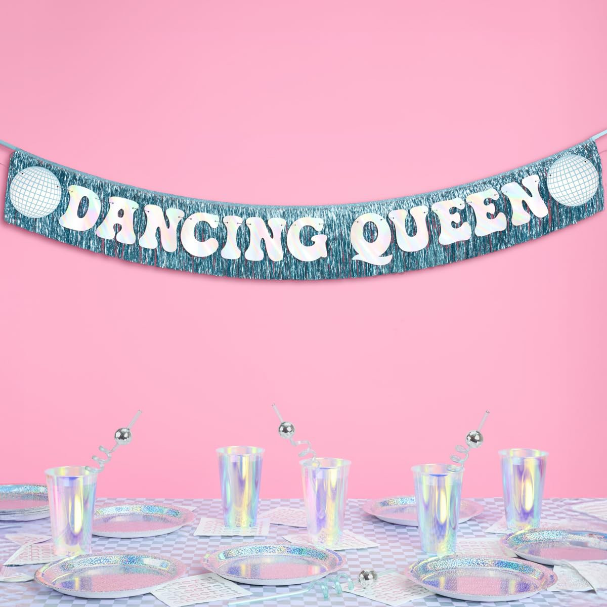 xo, Fetti Dancing Queen Fringe Banner - Iridescent & Blue Fringe, 5 Ft. | Disco Bachelorette Deco... | Amazon (US)