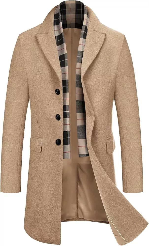 INVACHI Mens Long Trench Coat Double Breasted Notched Lapel