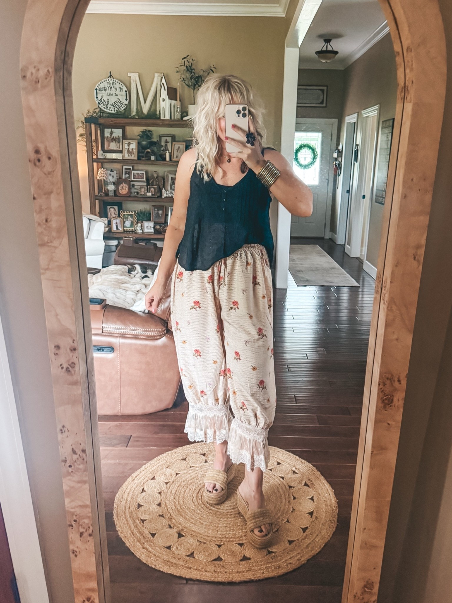This is absolutely the cutest! I love these bloomer pants! So good for summer, not thick, light weight, not too long, floral, & so fun!! These are a size medium. 
This eyelet top is also a size medium and I’m wearing my fav bandeau bra underneath it. 
@Natural Life #summeroutfit #vacationoutfit