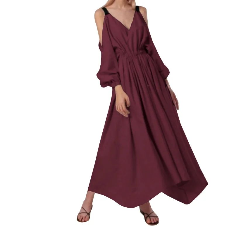 Womens Long Sleeve Cold Shoulder V-Neck Beach Party Long Maxi Swing Dress | Walmart (US)