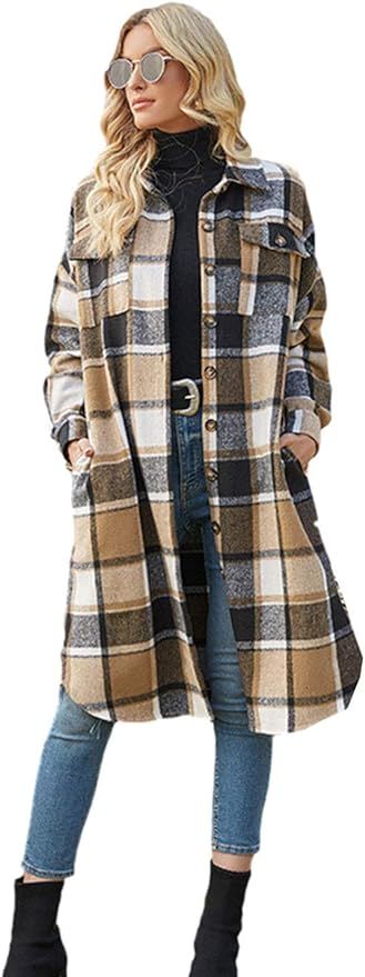 PUWEI Women's Casual Lapel Button Down Long Plaid Shirt Coat Tartan Shacket Jacket | Amazon (US)