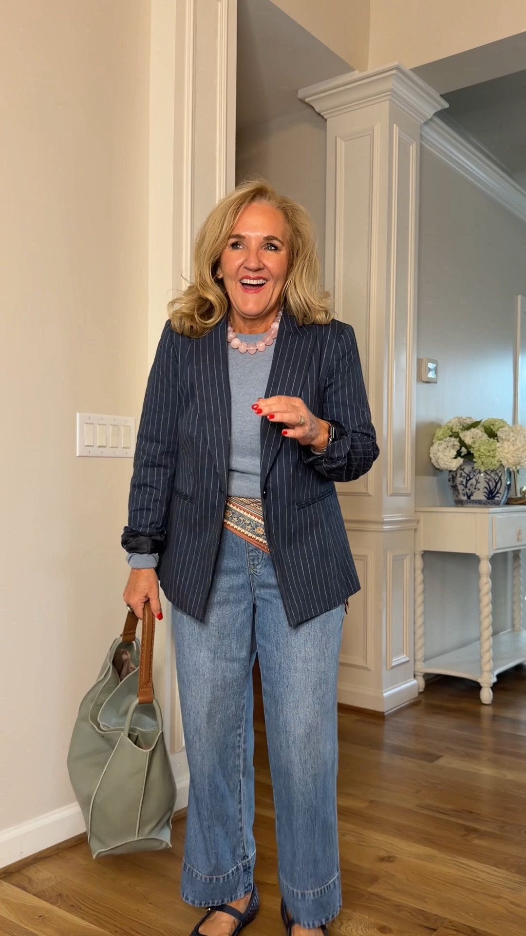 Blazer size 10 petite cashmere sweater size large pull on  jeans. I did size down to a small but you could say true to size and they just be a loose cit 
I found my bag in a medium size as well so if you want something a little bit smaller that works

Business, casual denim, blazer, scarf styling

#LTKOver40 #LTKWorkwear #LTKootd