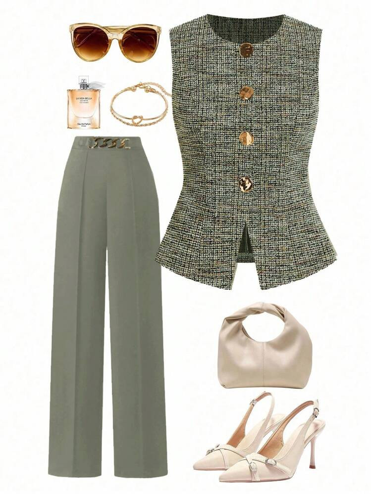 Ellevyn Women's Sleeveless Vest With Metal Button Closure, Suitable For Commuting | SHEIN