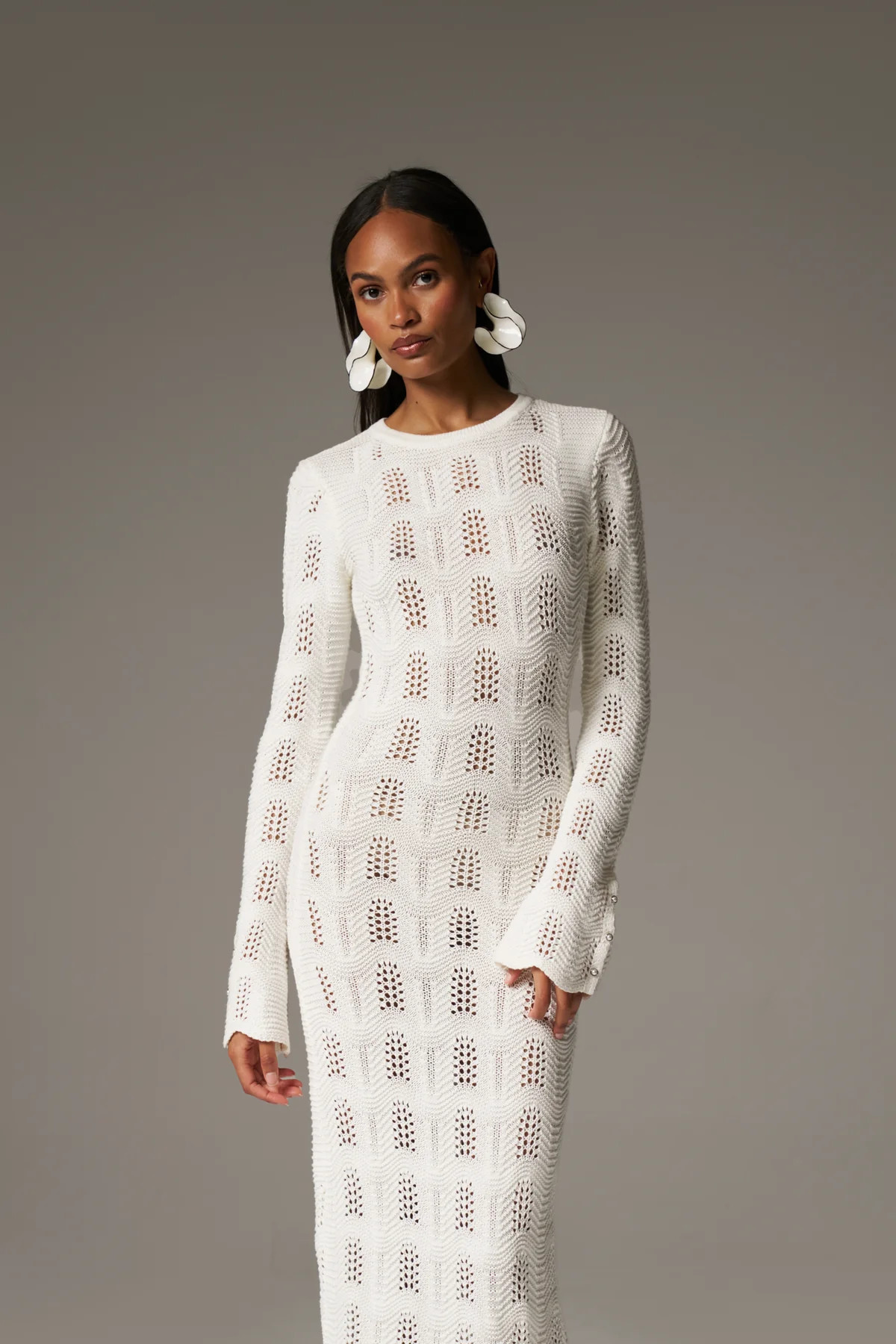 SCALLOP EDGE KNITTED MAXI DRESS - OFF WHITE | The Couture Club