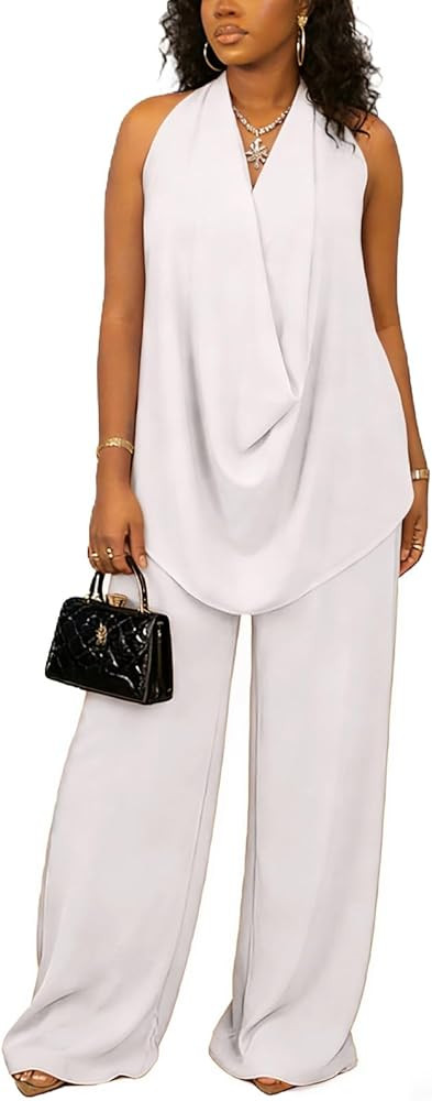 Vssjavun Women's Summer 2 Piece Outfits Cowl Neck Sleeveless Halter Tops and Wide Leg Pants Vacat... | Amazon (US)