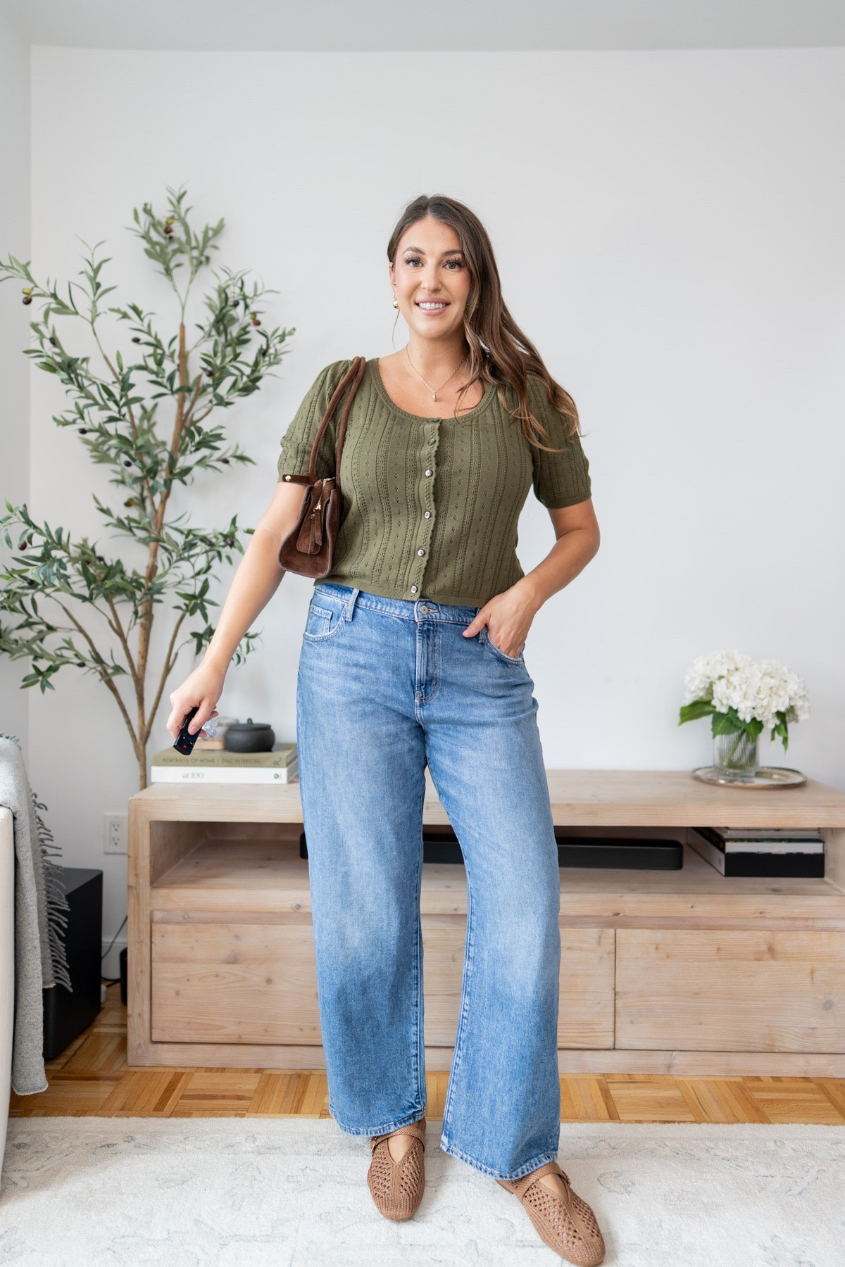 Easy fall outfit formula 🍂 An olive pointelle cardigan, relaxed wide-leg jeans, woven flats and a chocolate brown bag make the prettiest everyday combination. Casual, feminine and perfect for transitioning into cooler weather. Size large, 14 

fall outfit, olive cardigan, wide leg jeans, casual fall style, woven flats, brown handbag, transitional outfit, everyday stye, size 14 style

#LTKMidsize #LTKTall #LTKSeasonal