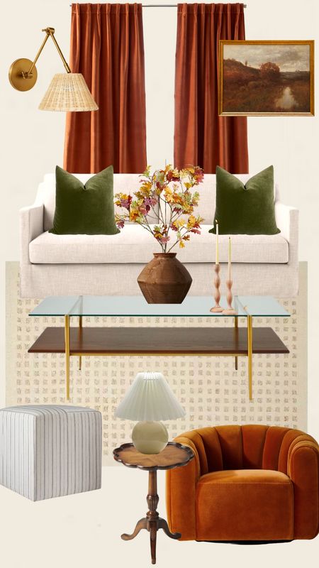 Fall living room, living room decor, faux fall branches, off white couch under $1000, neutral area rug, rust velvet accent chair, mini lamp pleated lampshade, rectangular coffee table, vintage landscape oil painting, ottoman, rust velvet curtains, wall sconce rattan 

#LTKhome #LTKstyletip #LTKSeasonal