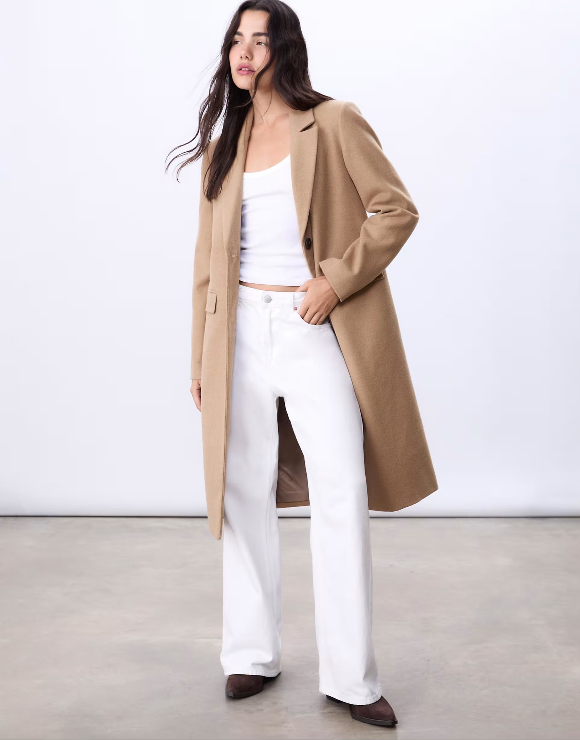 Stradivarius Long straight coat in camel | ASOS (Global)