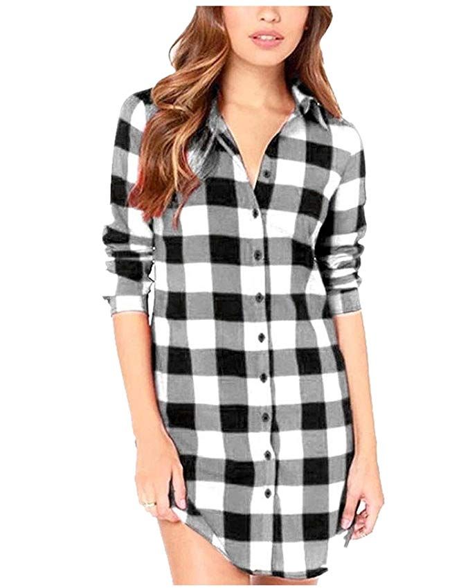 Women Buffalo Check Plaid Long Sleeve Collar Neck Casual Button Down Shirts | Walmart (US)