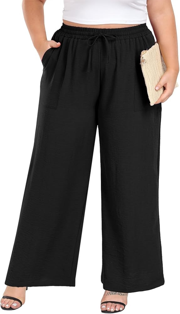 Lastshe Women's Plus Size Wide Leg Pants High Waist Loose Casual Palazzo Trousers with Pockets Sp... | Amazon (US)
