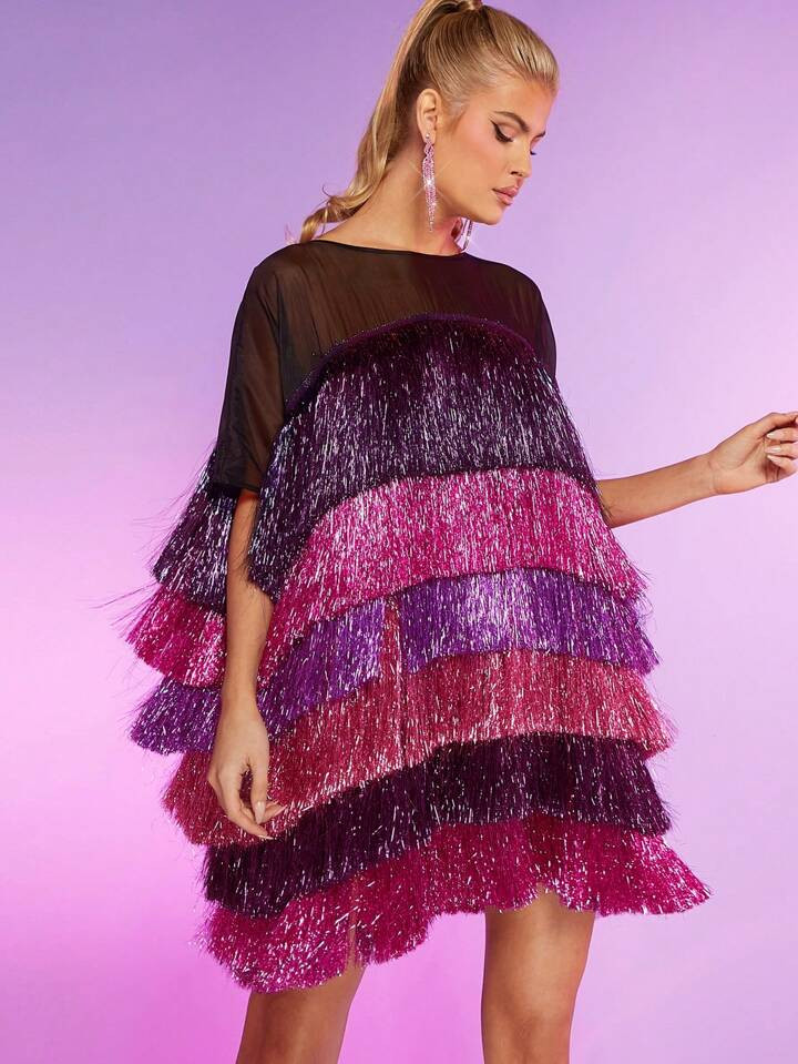 Katalyst Kouture Colorblock Fringe Trim Mesh Dress | SHEIN