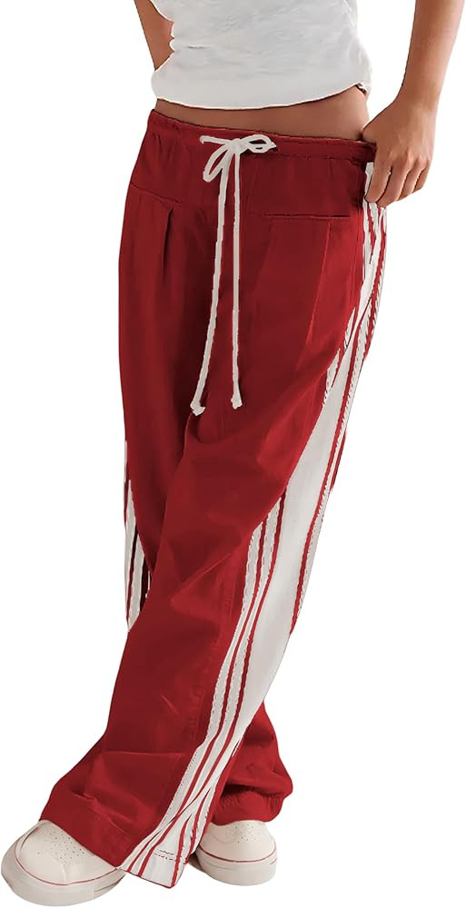 Hongsui Women's Wide Leg Pants Drawstring High Rise Side Striped Slouchy Palazzo Pants with Pocke... | Amazon (US)