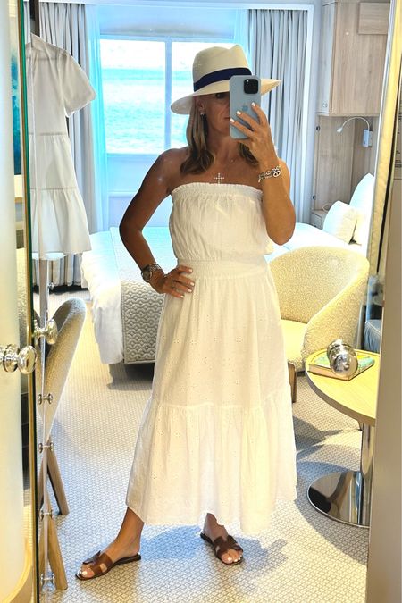 Strapless eyelet maxi dress
White Swim coverup for a cruise
Lilly Pulitzer beach cover-up 
Fits true to size I am wearing XS 
White Panama Hat with blue ribbon band 
Hermes sandals 
Hermes bracelets 

#LTKswim #LTKstyletip #LTKtravel