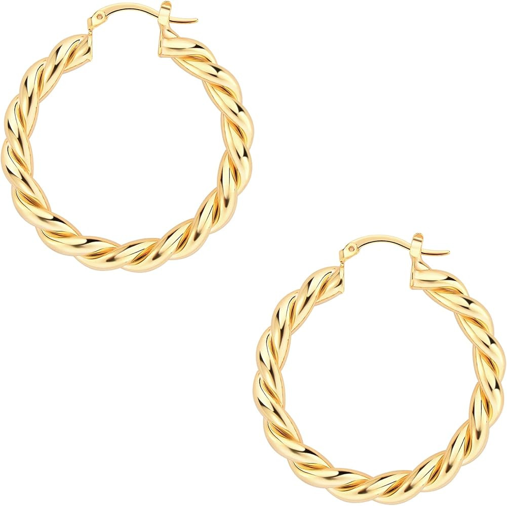 Wowshow Twisted Gold Hoop Earrings for Women Chunky Gold Hoops 14K Gold Plated Lightweight Hoops Ear | Amazon (US)