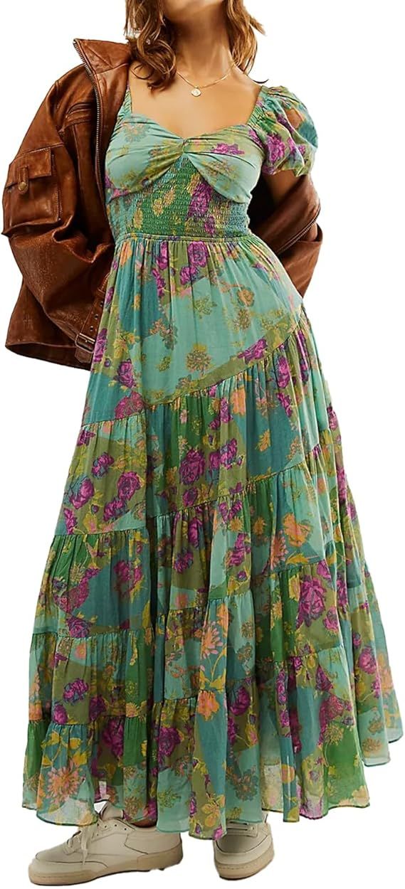 ABYOVRT Women Floral Maxi Dress Short Puff Sleeve V Neck Bohemian Flowy Dress Smocked Casual Spri... | Amazon (US)