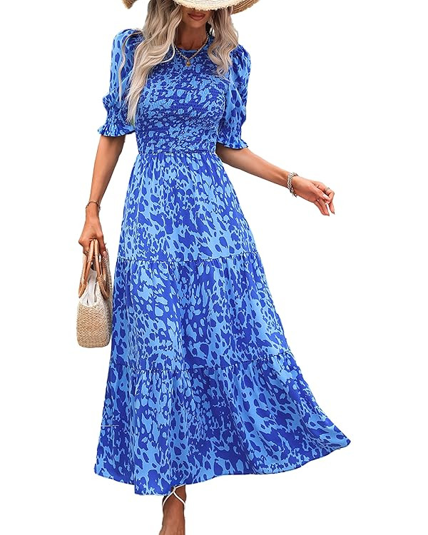 BTFBM Women Casual Summer Dresses 2026 Spring Crew Neck Ruffle Short Sleeve Floral Print Smocked ... | Amazon (CA)