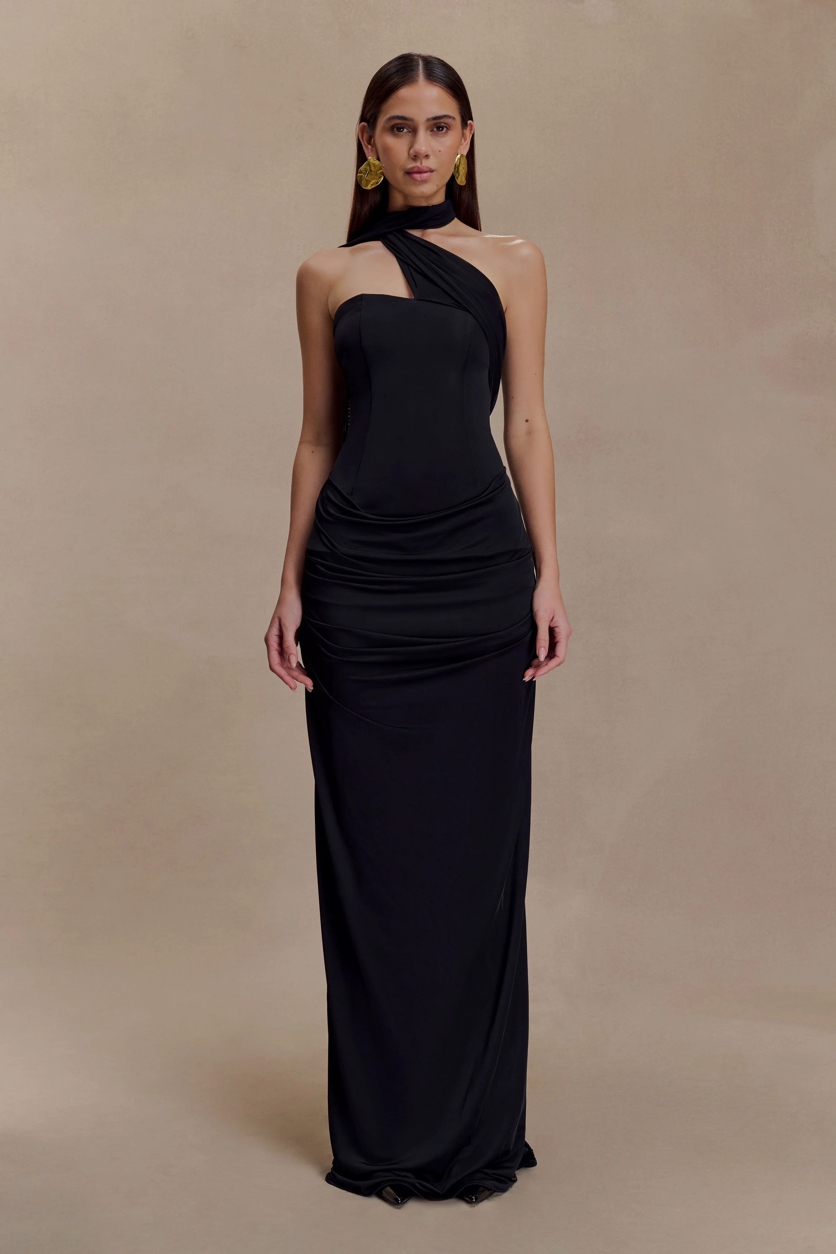 Mattea Slinky And Mesh Maxi Dress With Scarf - Black | Meshki (APAC)