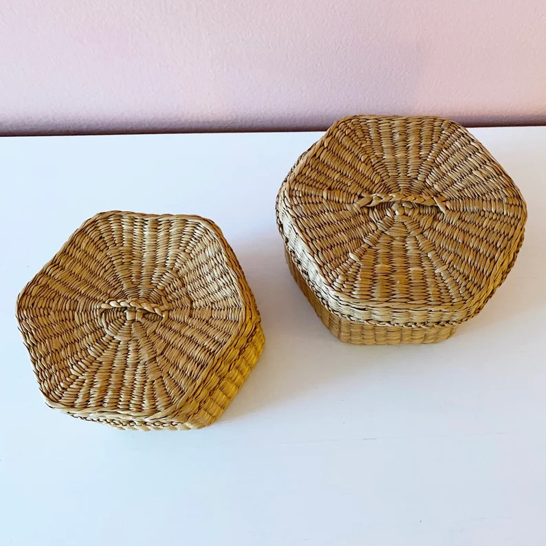 Vintage 1970s woven seagrass storage baskets // small vintage boho rattan bathroom/vanity basket ... | Etsy (US)